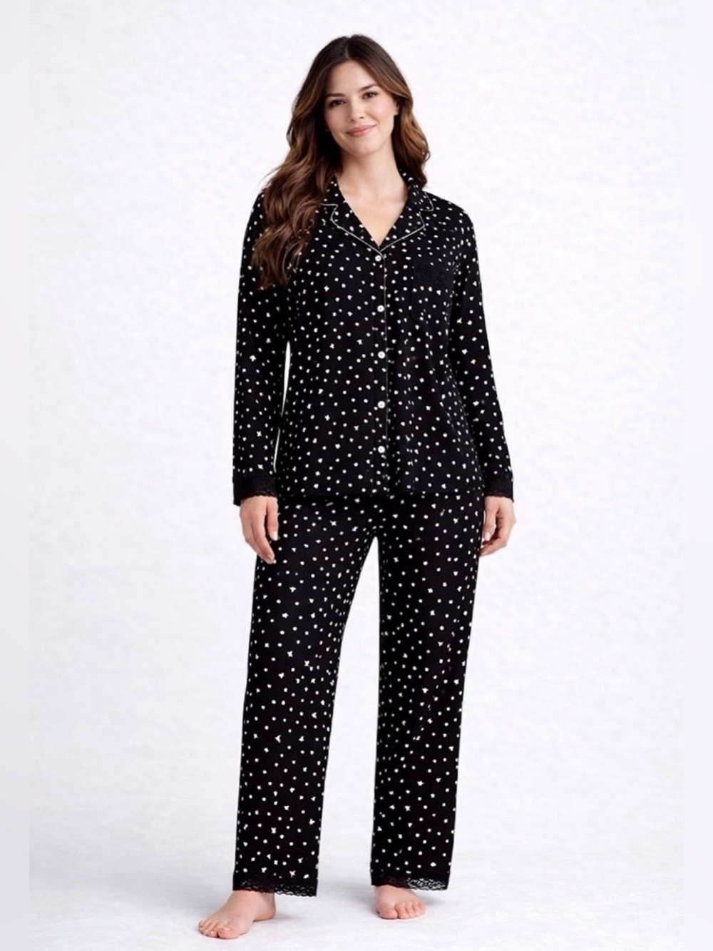 State of Day Women's Collared Knit Pajama Set BLACK/ W Size XL HEART POLKA DOTS